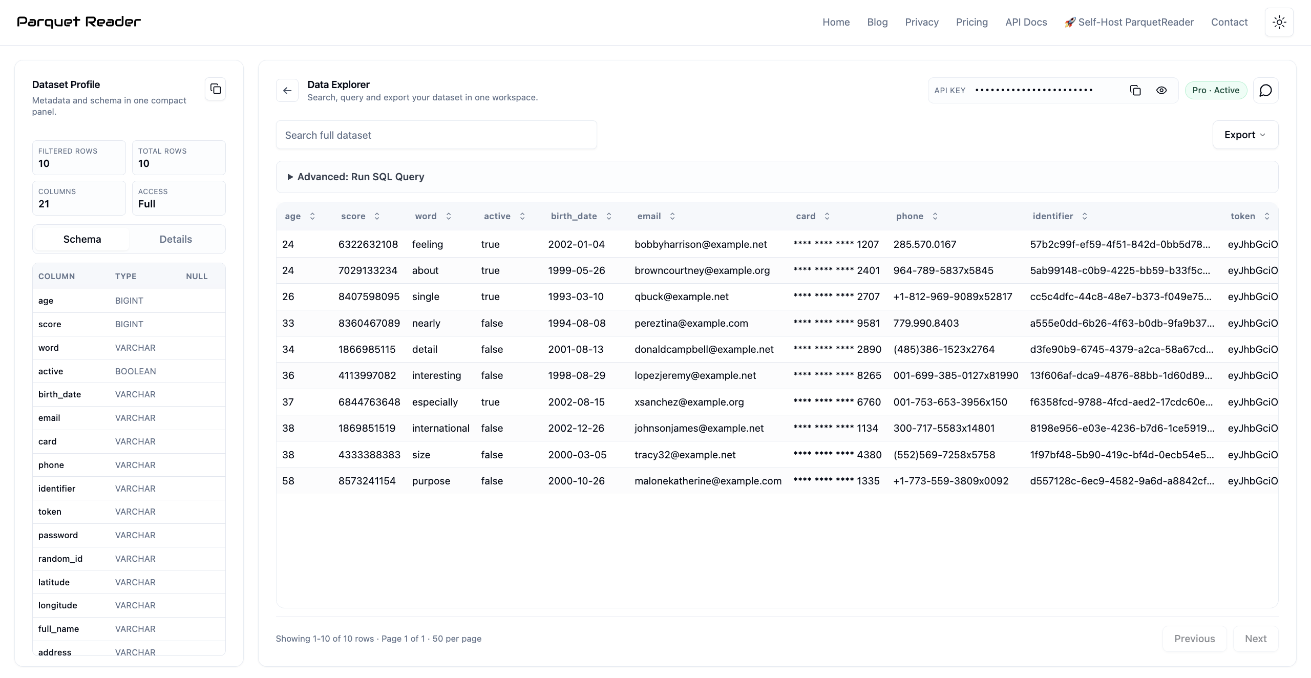ParquetReader showing a Parquet file with schema and data preview