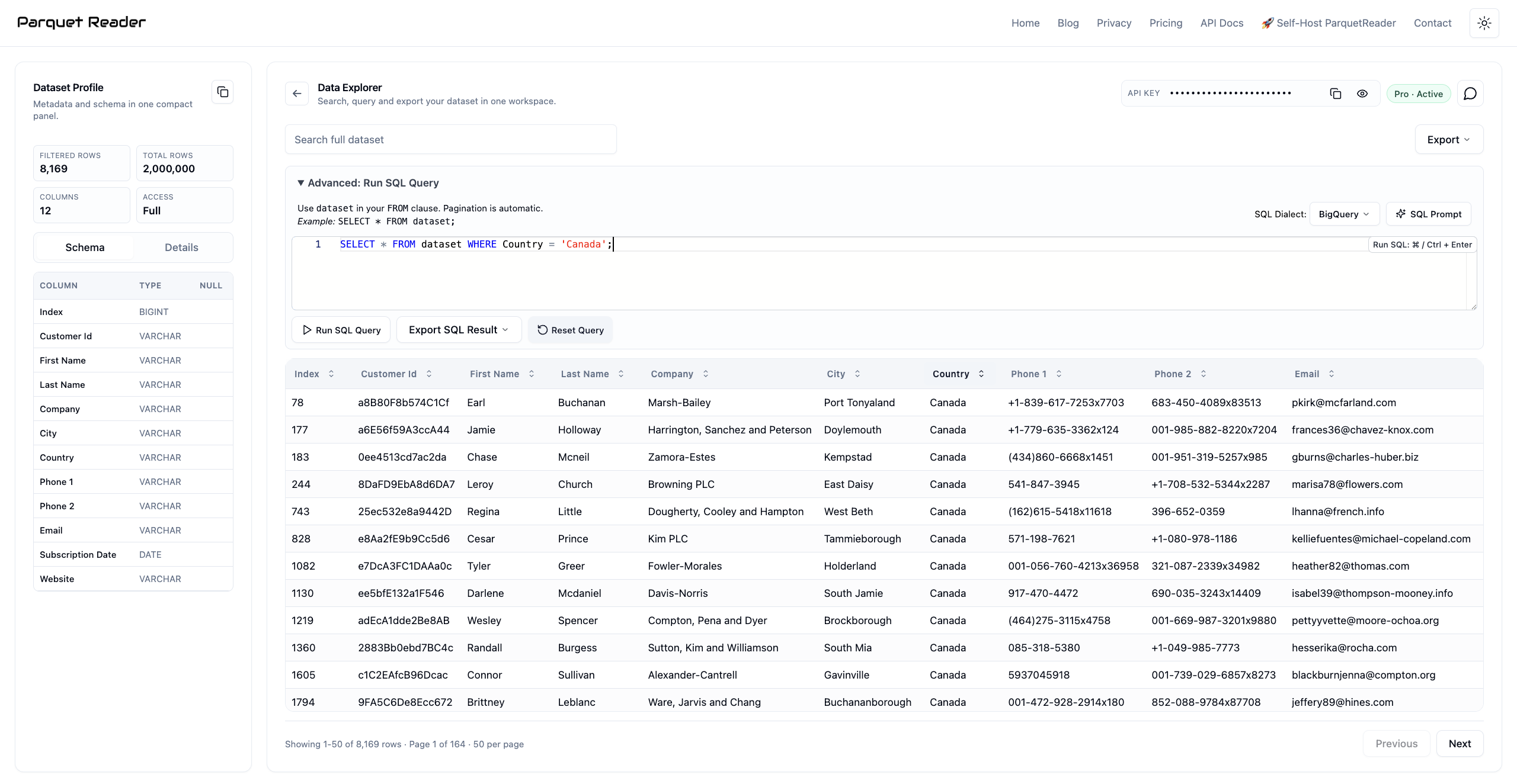 ParquetReader showing a 2 million row CSV file with SQL query and schema panel