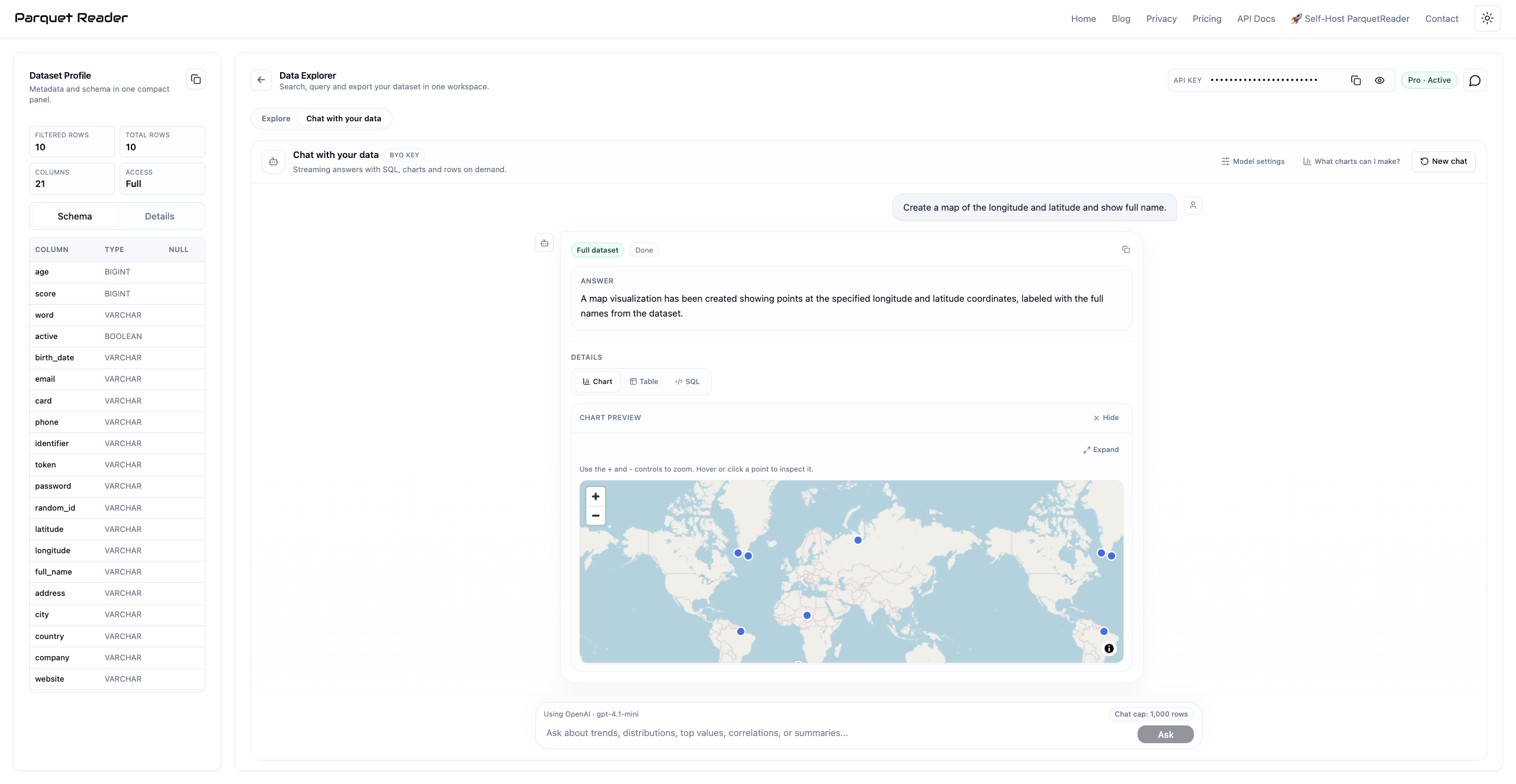 Chat with your data map example showing a generated map and explanation inside ParquetReader.