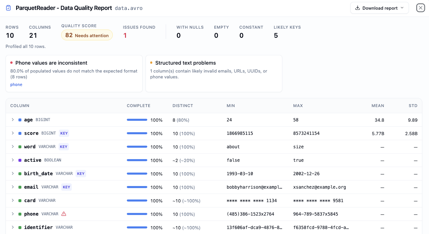 Free Data Quality Report for Parquet, CSV and Excel Files