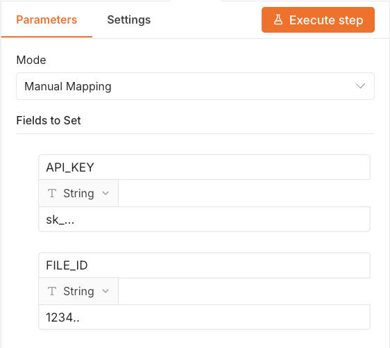 n8n Mandatory Fields node for ParquetReader file ID and API key