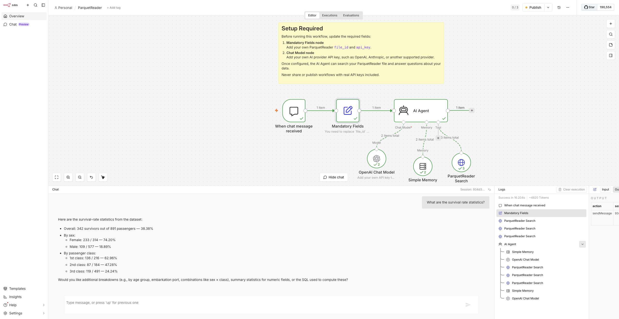 n8n AI Agent analyzing Titanic survival rate statistics with ParquetReader