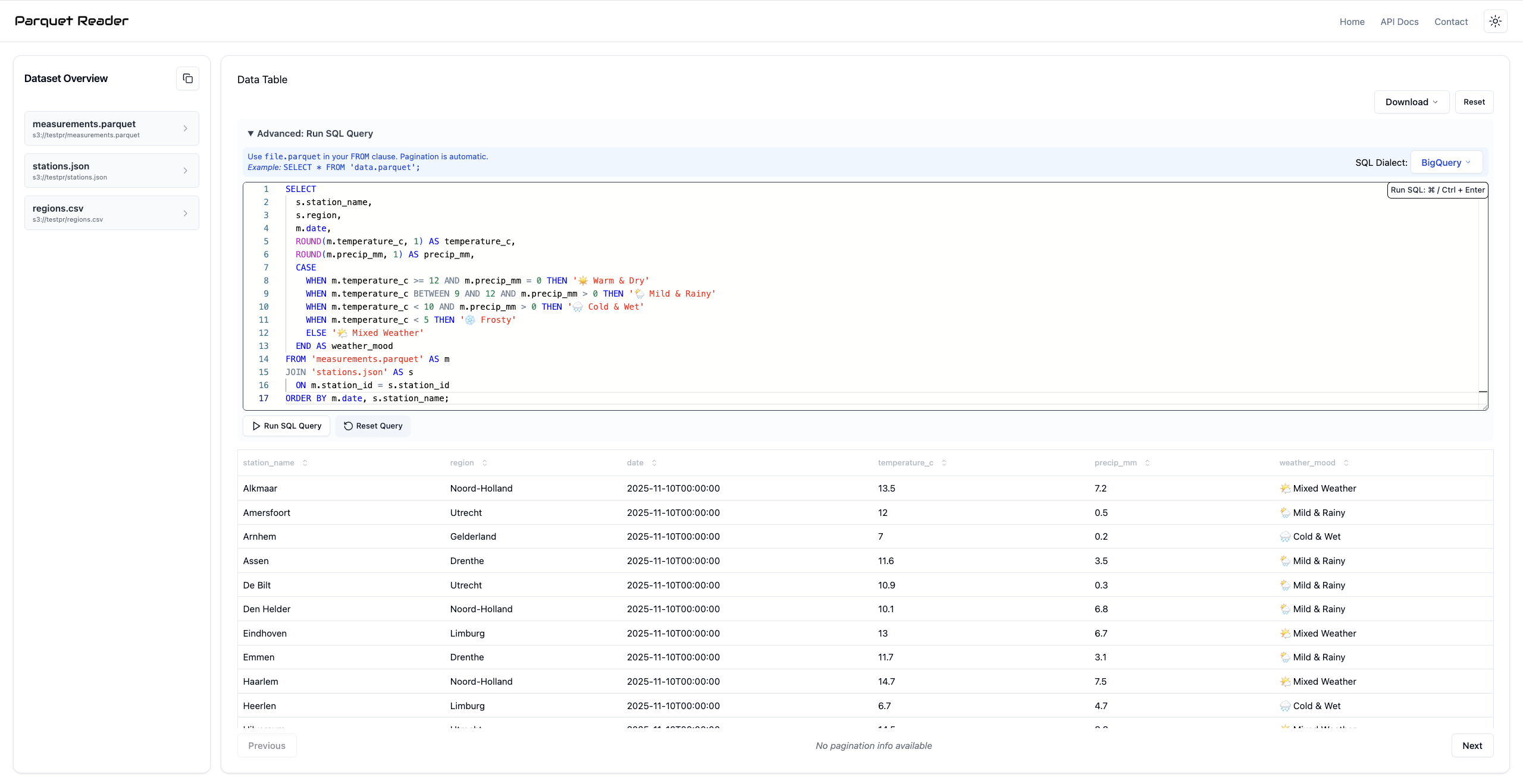 ParquetReader S3-compatible SQL query UI