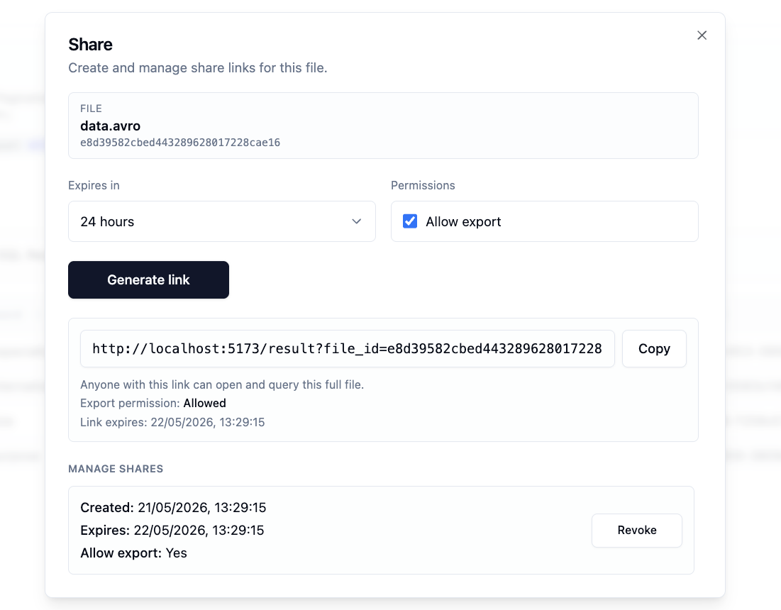 Share saved files in ParquetReader with secure token-based access
